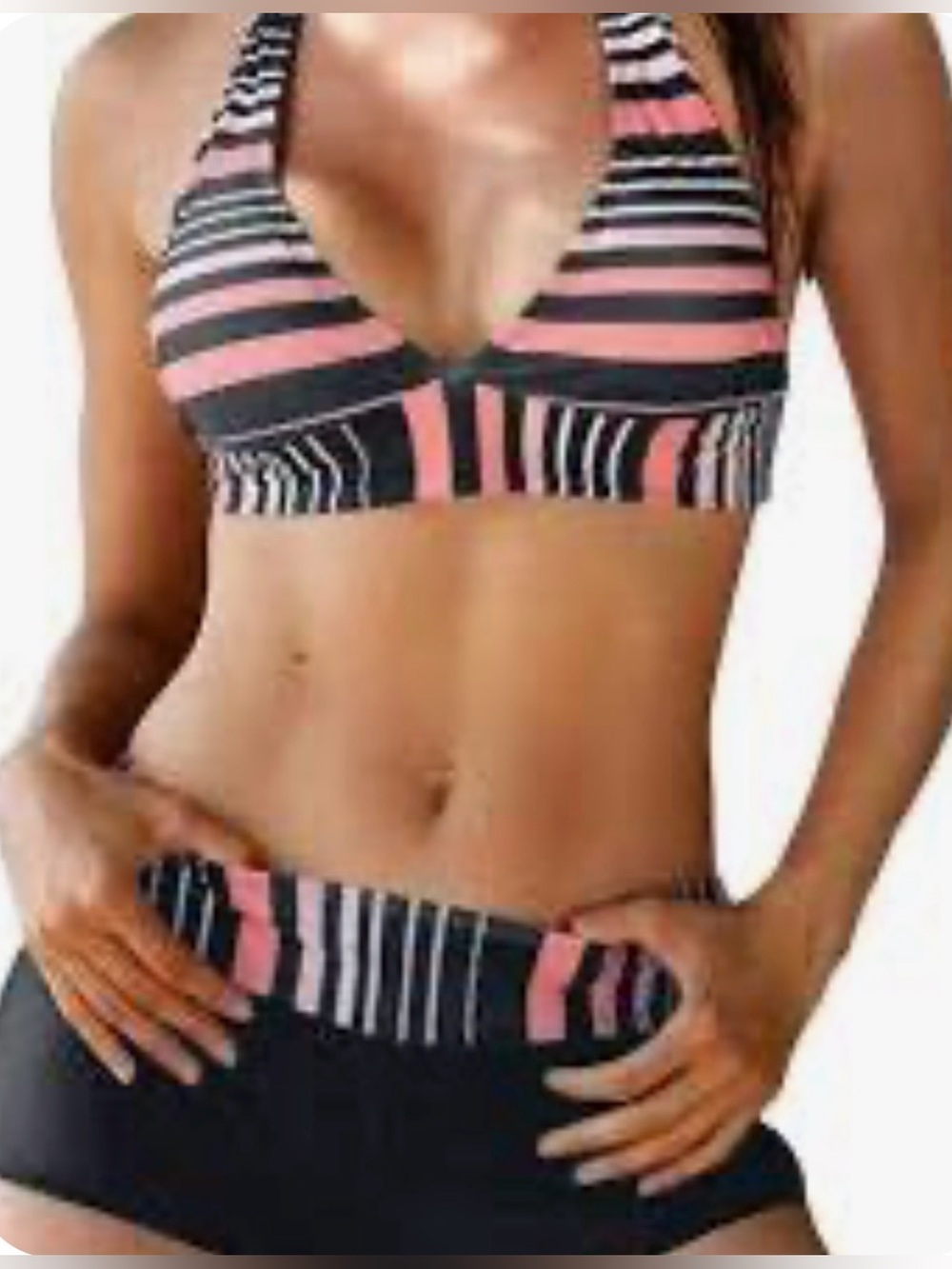Striped Pink and Black Women’s Halter Swim Top and Brief Set Bottoms/MEDIUM!!